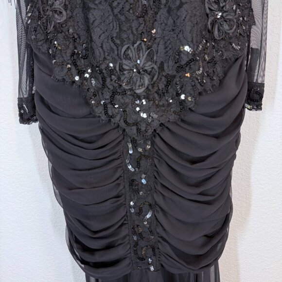 Vintage Black Beaded Fringe Gown Lace Ruched Sequin Cocktail Whimsigoth Dress M - Picture 6 of 17